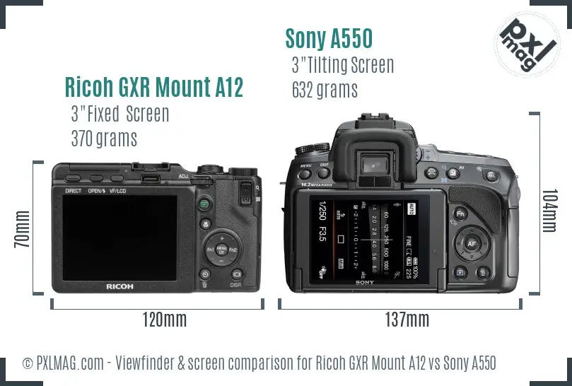 Ricoh GXR Mount A12 vs Sony A550 Screen and Viewfinder comparison