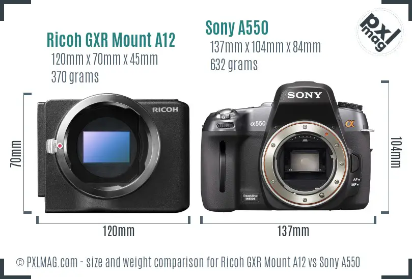 Ricoh GXR Mount A12 vs Sony A550 size comparison