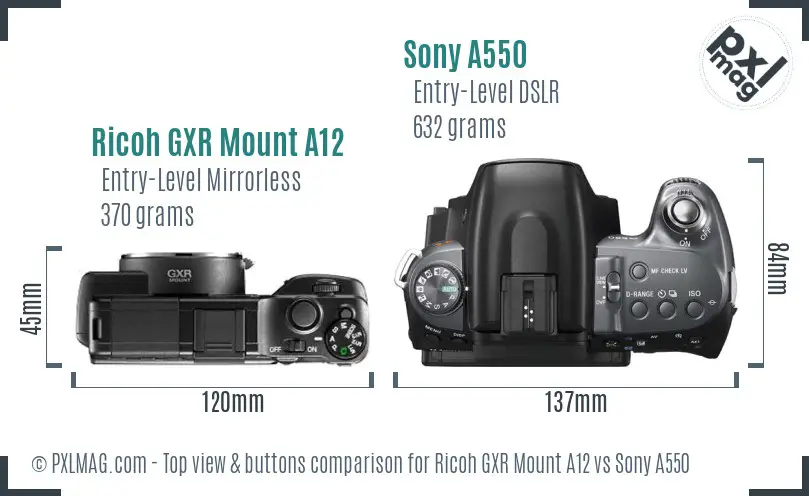 Ricoh GXR Mount A12 vs Sony A550 top view buttons comparison