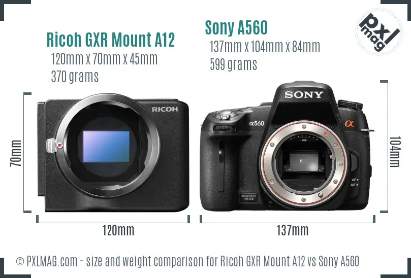 Ricoh GXR Mount A12 vs Sony A560 size comparison