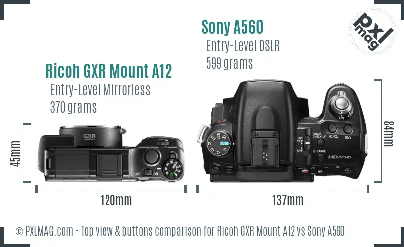 Ricoh GXR Mount A12 vs Sony A560 top view buttons comparison