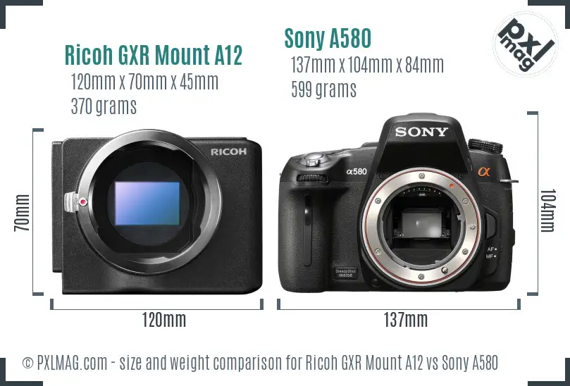 Ricoh GXR Mount A12 vs Sony A580 size comparison