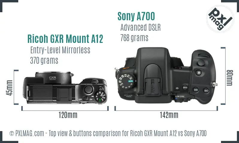 Ricoh GXR Mount A12 vs Sony A700 top view buttons comparison