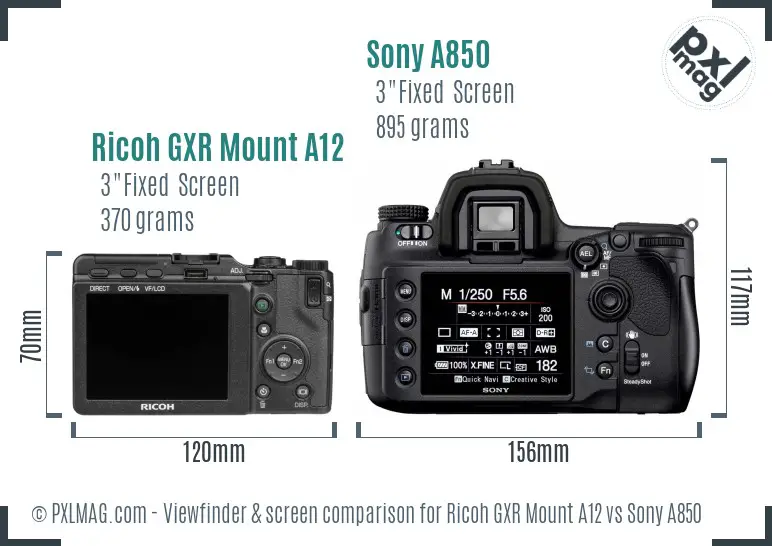 Ricoh GXR Mount A12 vs Sony A850 Screen and Viewfinder comparison