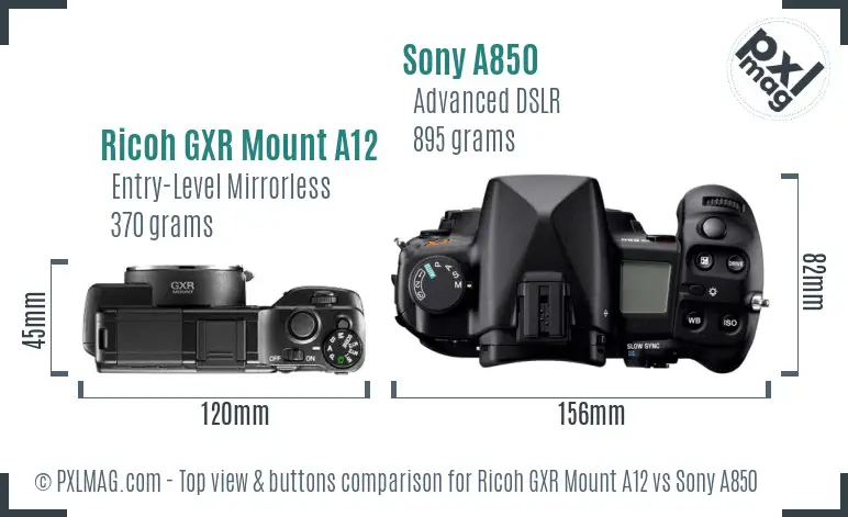Ricoh GXR Mount A12 vs Sony A850 top view buttons comparison