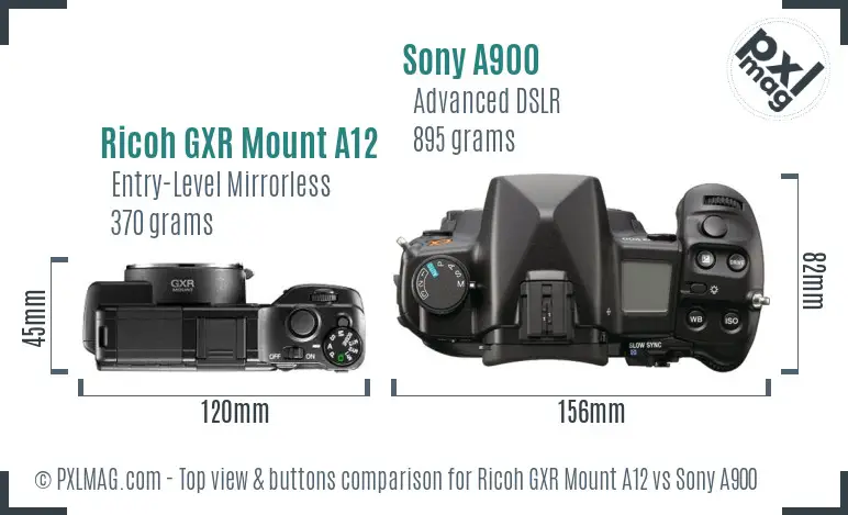 Ricoh GXR Mount A12 vs Sony A900 top view buttons comparison