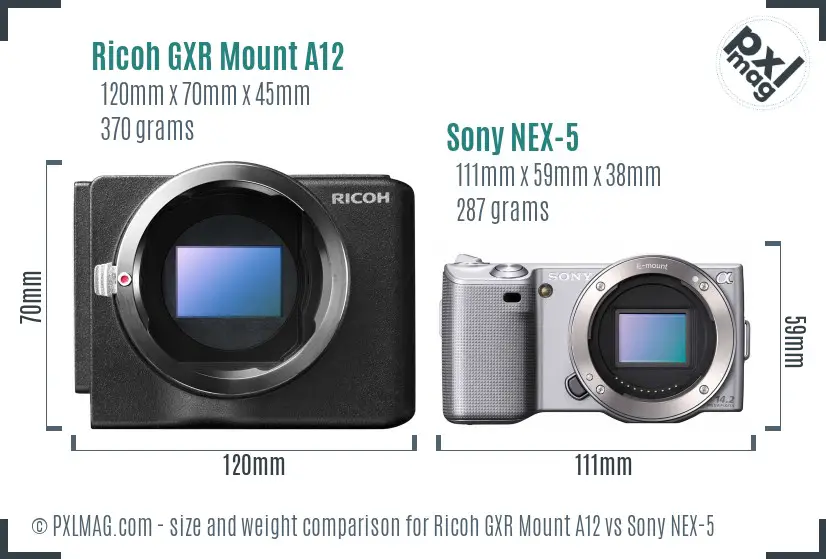Ricoh GXR Mount A12 vs Sony NEX-5 size comparison