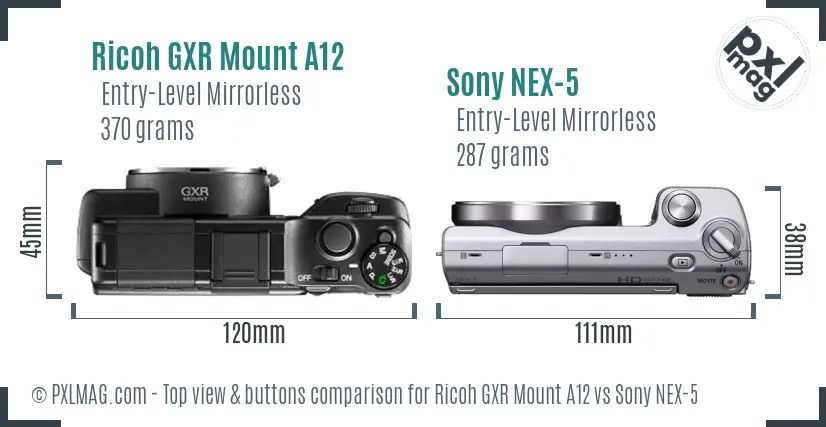 Ricoh GXR Mount A12 vs Sony NEX-5 top view buttons comparison