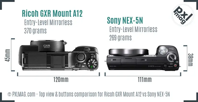 Ricoh GXR Mount A12 vs Sony NEX-5N top view buttons comparison