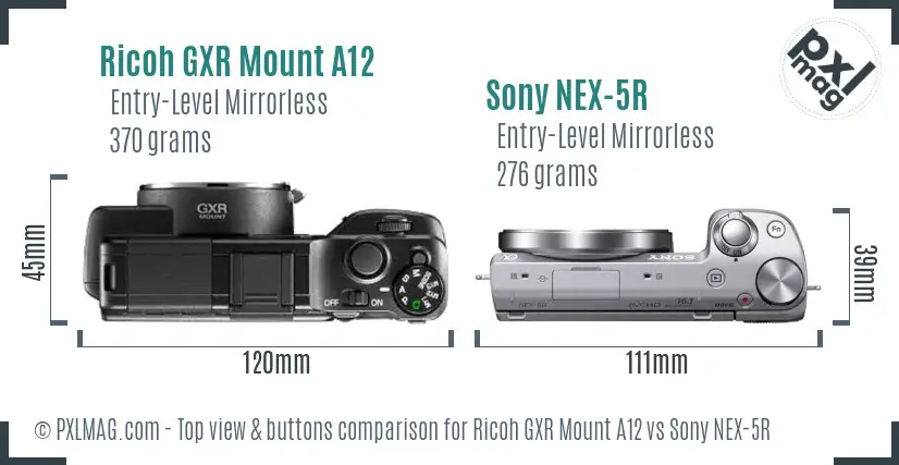 Ricoh GXR Mount A12 vs Sony NEX-5R top view buttons comparison