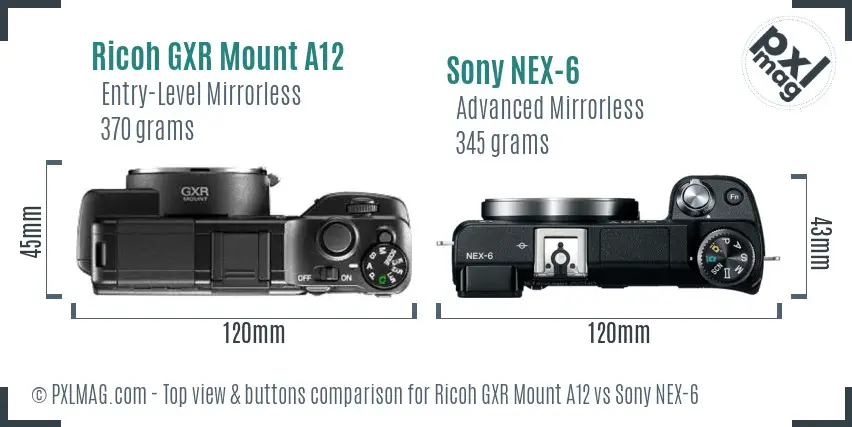 Ricoh GXR Mount A12 vs Sony NEX-6 top view buttons comparison