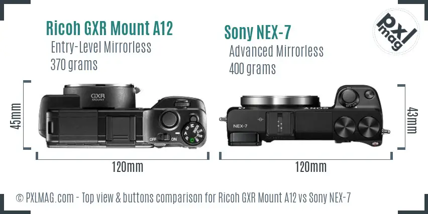 Ricoh GXR Mount A12 vs Sony NEX-7 top view buttons comparison