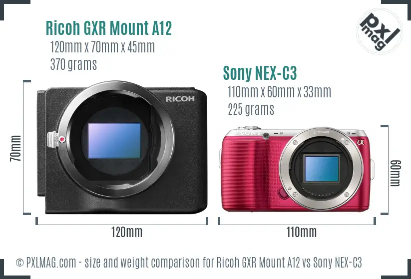 Ricoh GXR Mount A12 vs Sony NEX-C3 size comparison