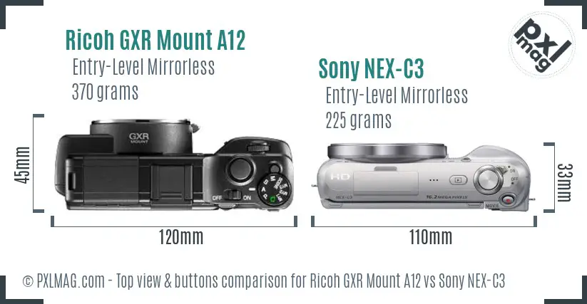 Ricoh GXR Mount A12 vs Sony NEX-C3 top view buttons comparison
