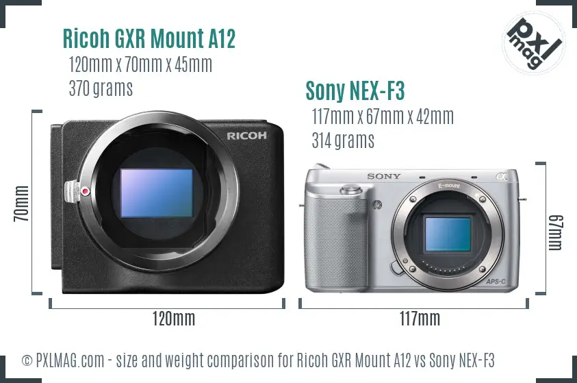 Ricoh GXR Mount A12 vs Sony NEX-F3 size comparison