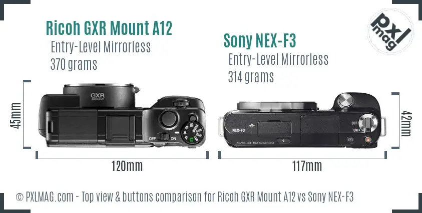 Ricoh GXR Mount A12 vs Sony NEX-F3 top view buttons comparison