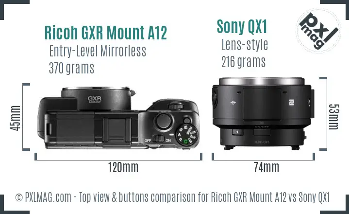 Ricoh GXR Mount A12 vs Sony QX1 top view buttons comparison Ricoh GXR Mount A12 vs Sony QX1 top view buttons comparison