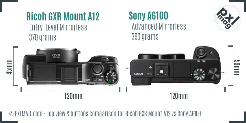 Ricoh GXR Mount A12 vs Sony A6100 top view buttons comparison