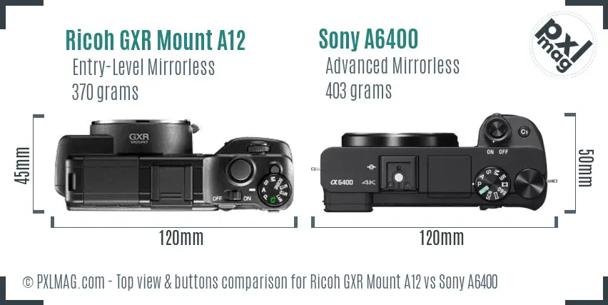 Ricoh GXR Mount A12 vs Sony A6400 top view buttons comparison