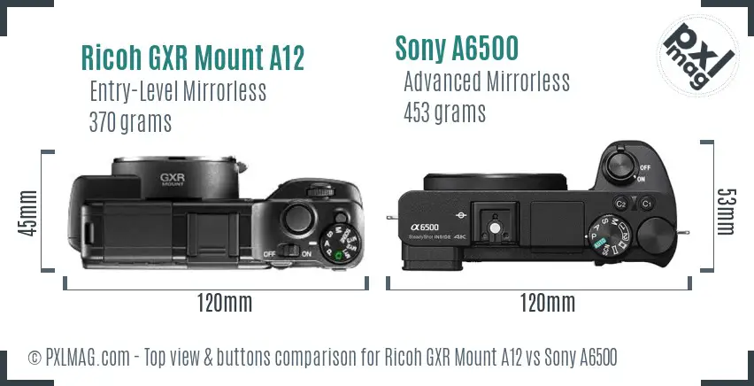 Ricoh GXR Mount A12 vs Sony A6500 top view buttons comparison