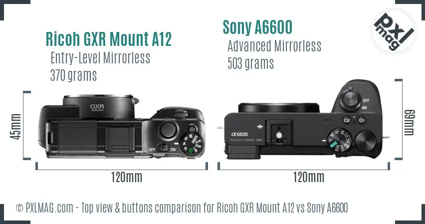 Ricoh GXR Mount A12 vs Sony A6600 top view buttons comparison