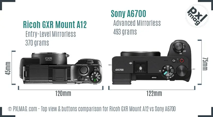 Ricoh GXR Mount A12 vs Sony A6700 top view buttons comparison Ricoh GXR Mount A12 vs Sony A6700 top view buttons comparison