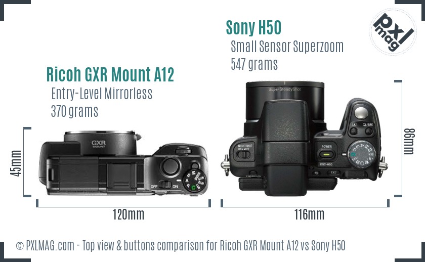 Ricoh GXR Mount A12 vs Sony H50 top view buttons comparison