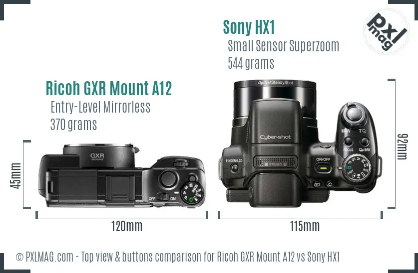 Ricoh GXR Mount A12 vs Sony HX1 top view buttons comparison