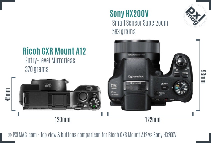 Ricoh GXR Mount A12 vs Sony HX200V top view buttons comparison