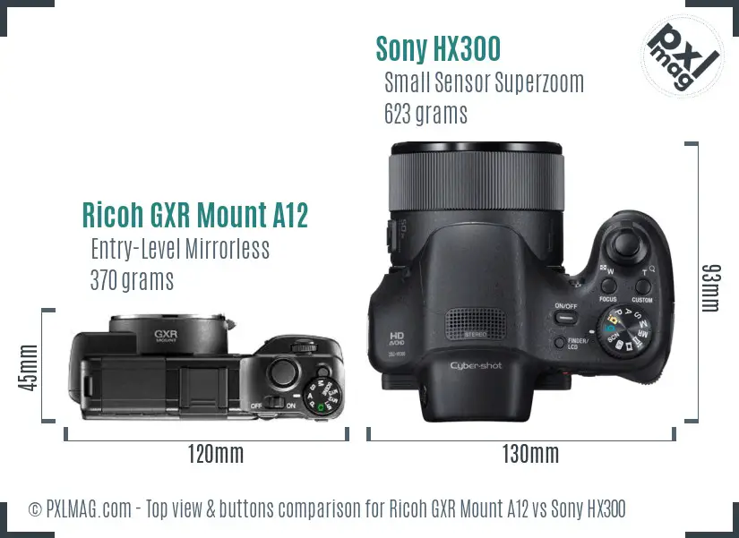 Ricoh GXR Mount A12 vs Sony HX300 top view buttons comparison