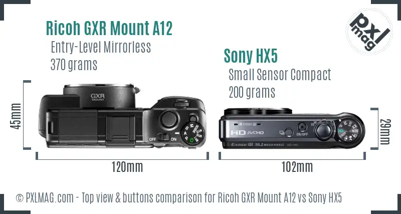 Ricoh GXR Mount A12 vs Sony HX5 top view buttons comparison