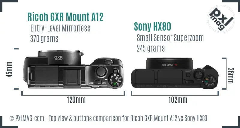 Ricoh GXR Mount A12 vs Sony HX80 top view buttons comparison Ricoh GXR Mount A12 vs Sony HX80 top view buttons comparison