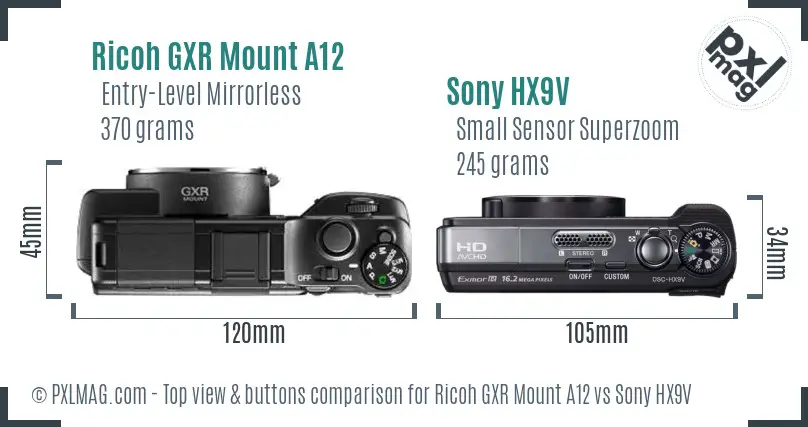 Ricoh GXR Mount A12 vs Sony HX9V top view buttons comparison