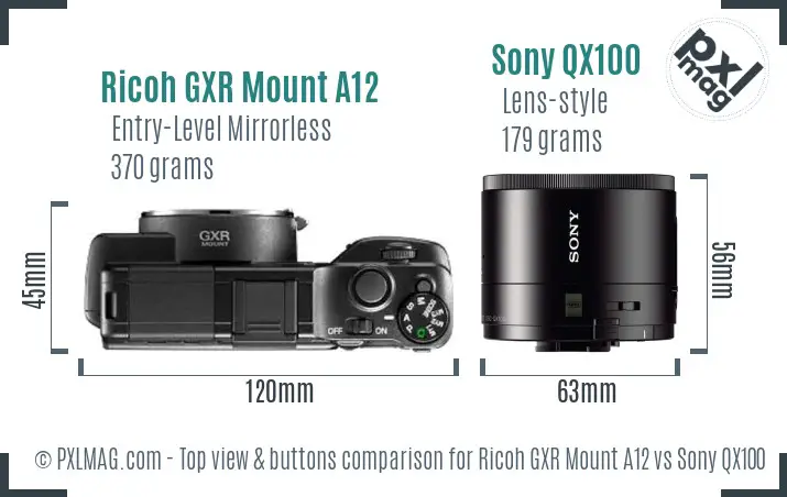 Ricoh GXR Mount A12 vs Sony QX100 top view buttons comparison