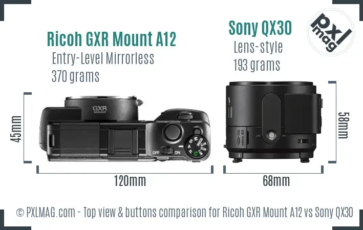 Ricoh GXR Mount A12 vs Sony QX30 top view buttons comparison