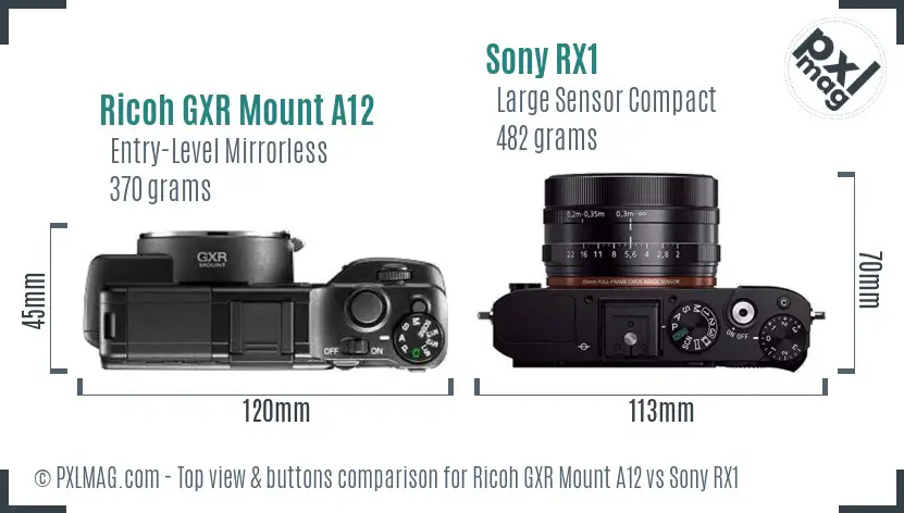 Ricoh GXR Mount A12 vs Sony RX1 top view buttons comparison