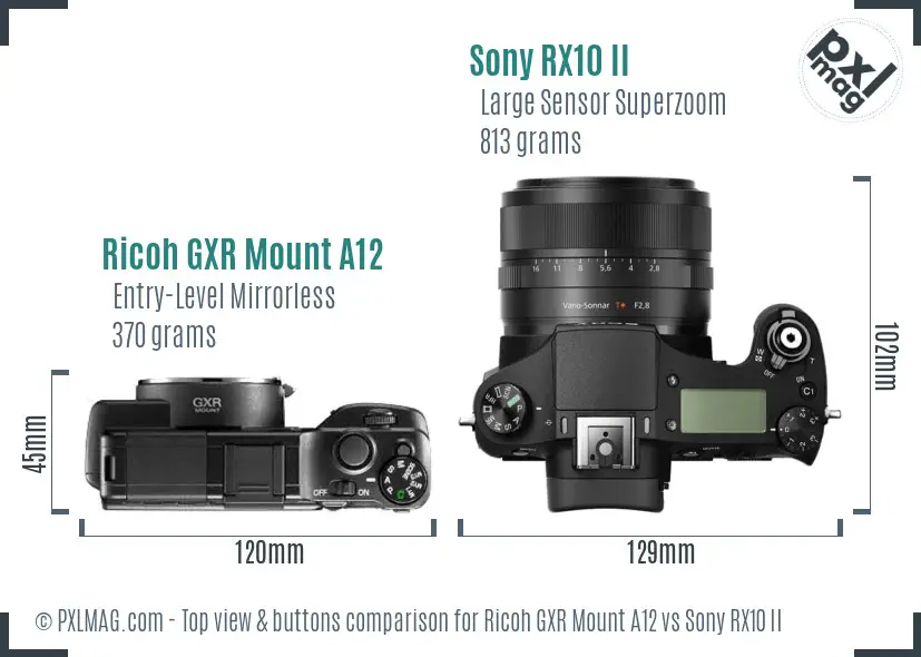 Ricoh GXR Mount A12 vs Sony RX10 II top view buttons comparison