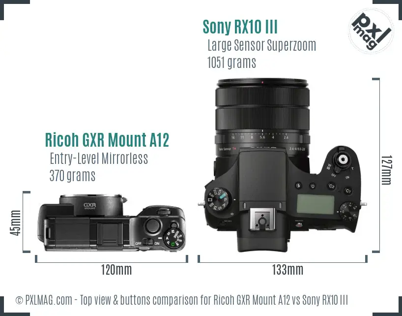 Ricoh GXR Mount A12 vs Sony RX10 III top view buttons comparison Ricoh GXR Mount A12 vs Sony RX10 III top view buttons comparison