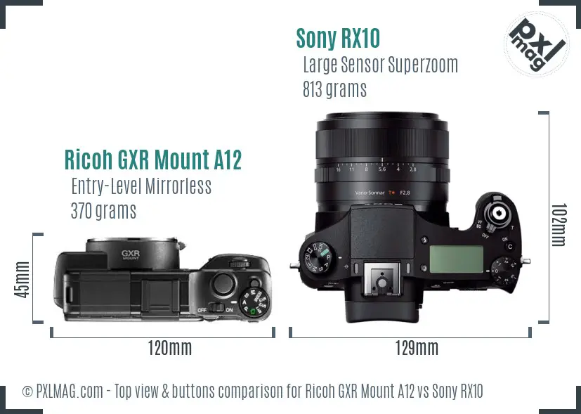 Ricoh GXR Mount A12 vs Sony RX10 top view buttons comparison