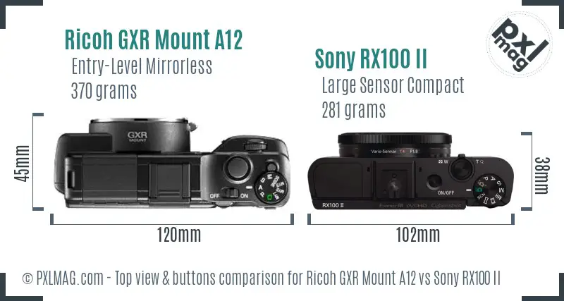 Ricoh GXR Mount A12 vs Sony RX100 II top view buttons comparison