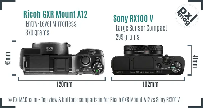 Ricoh GXR Mount A12 vs Sony RX100 V top view buttons comparison Ricoh GXR Mount A12 vs Sony RX100 V top view buttons comparison
