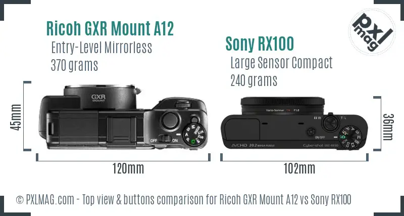 Ricoh GXR Mount A12 vs Sony RX100 top view buttons comparison