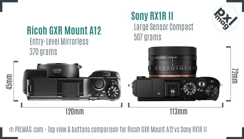 Ricoh GXR Mount A12 vs Sony RX1R II top view buttons comparison