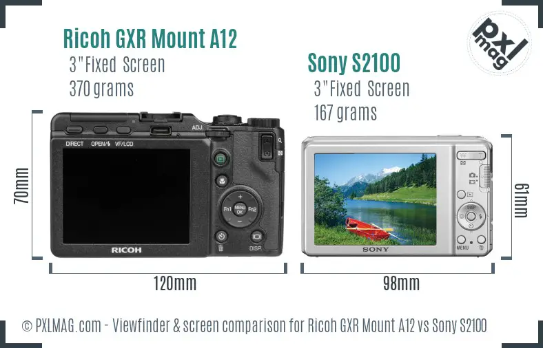 Ricoh GXR Mount A12 vs Sony S2100 Screen and Viewfinder comparison