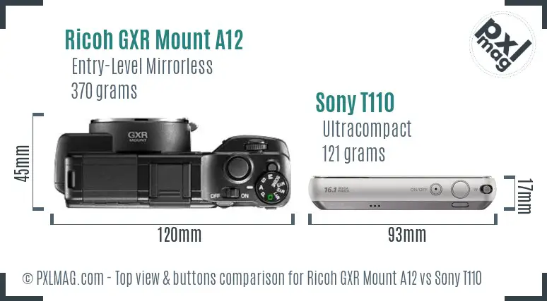 Ricoh GXR Mount A12 vs Sony T110 top view buttons comparison