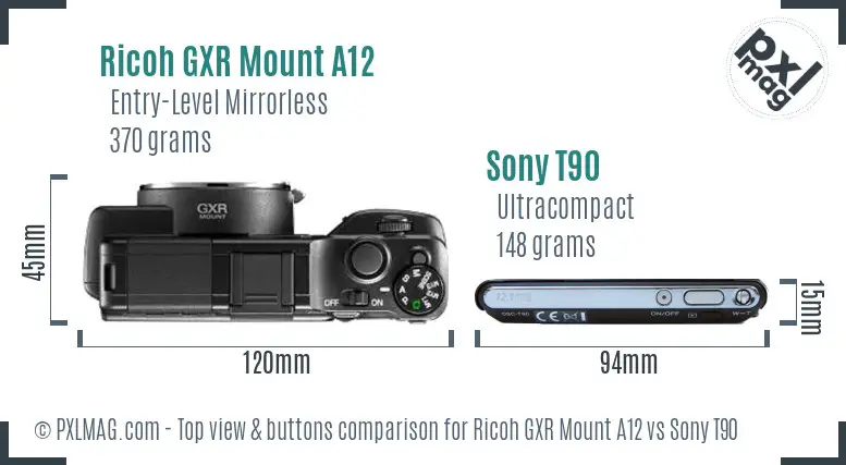 Ricoh GXR Mount A12 vs Sony T90 top view buttons comparison