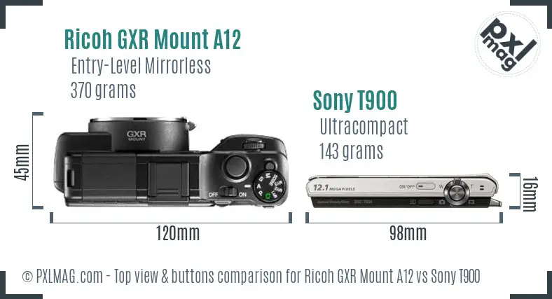 Ricoh GXR Mount A12 vs Sony T900 top view buttons comparison