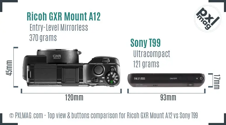 Ricoh GXR Mount A12 vs Sony T99 top view buttons comparison