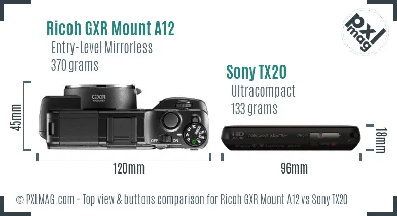Ricoh GXR Mount A12 vs Sony TX20 top view buttons comparison