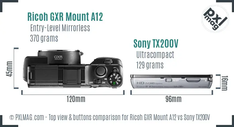 Ricoh GXR Mount A12 vs Sony TX200V top view buttons comparison